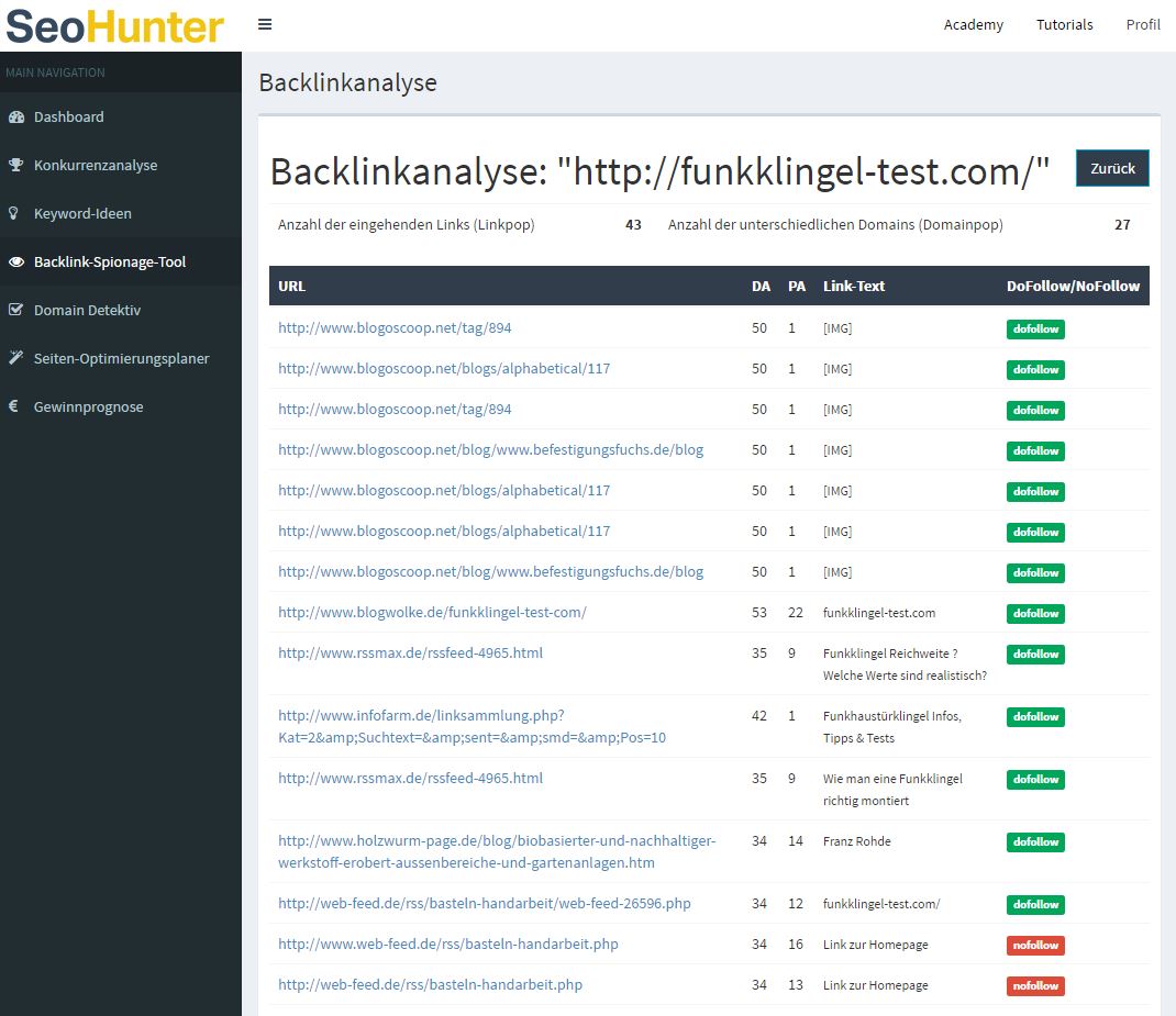 SEOHunter Backlink Spionage Tool