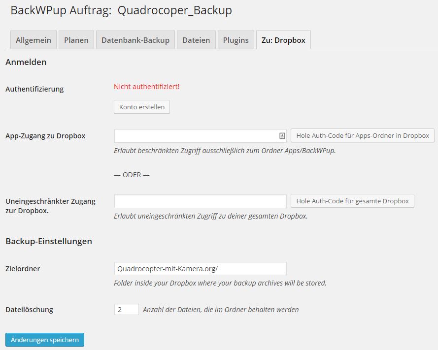 BackWPup - Auftrag - zu Dropbox - Nicht authentifiziert - 1