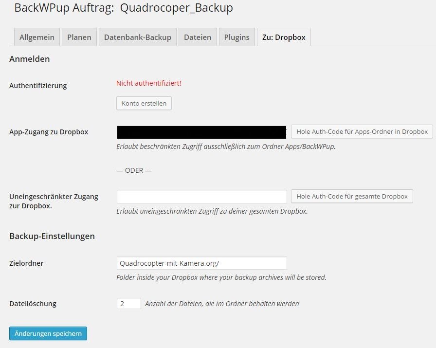 BackWPup - Auftrag - zu Dropbox - Nicht authentifiziert -2