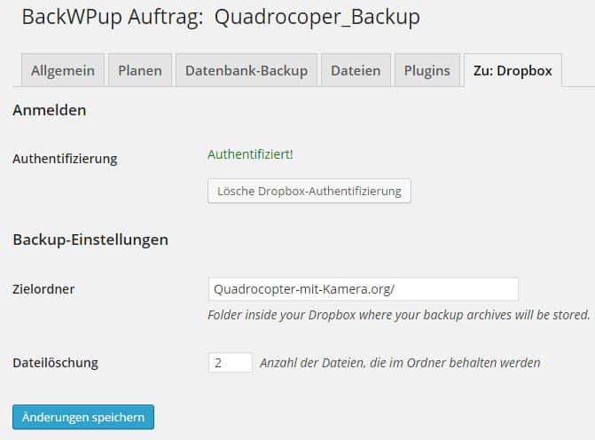 BackWPup - Auftrag - zu Dropbox - authentifiziert