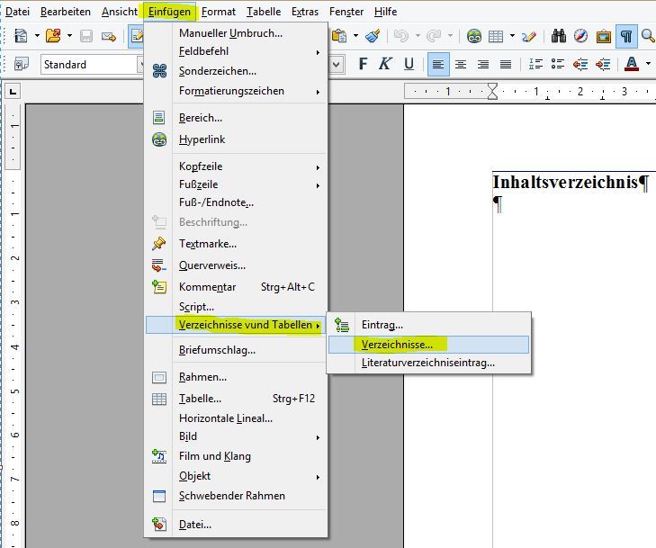 OpenOffice - Einfügen - Verzeichnisse und Tabellen - Verzeichnisse