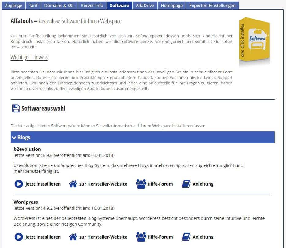 Alfahosting - Software - Blogs - WordPress - Jetzt installieren