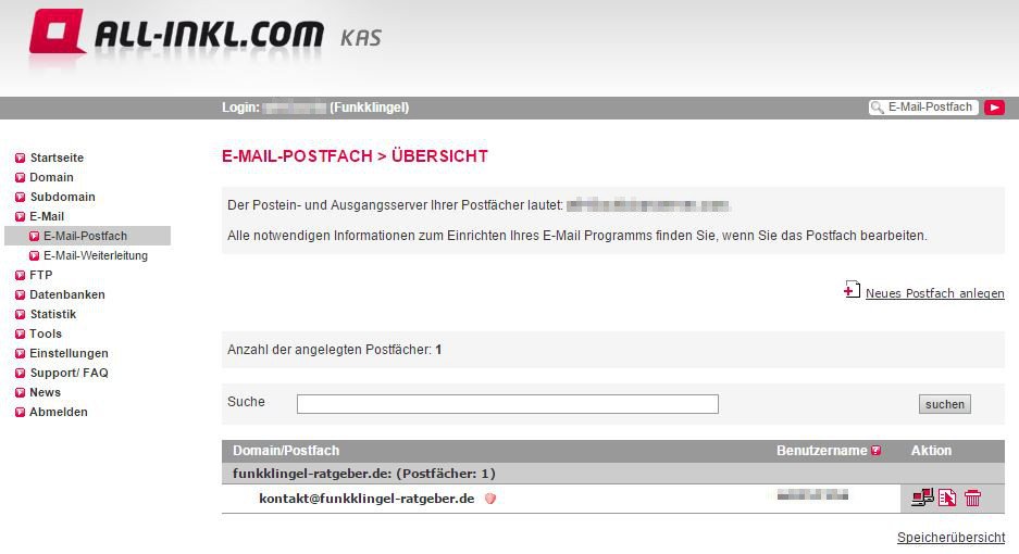 All Inkl KAS - E-Mail-Postfach - Übersicht mit E-Mail Adresse