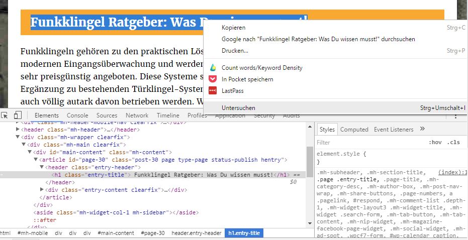 Chrome Browser - Element untersuchen