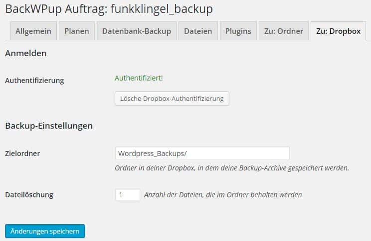 BackWPup - Auftrag - Zu Dropbox