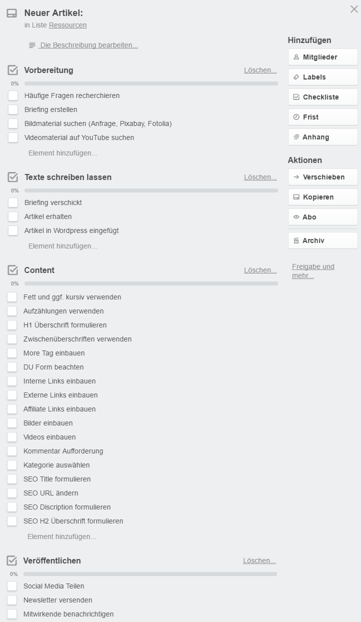 Trello Checkliste für neue Artikel