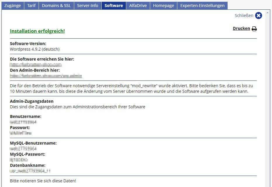 Alfahosting - Software - Blogs - WordPress - Installation erfolgreich