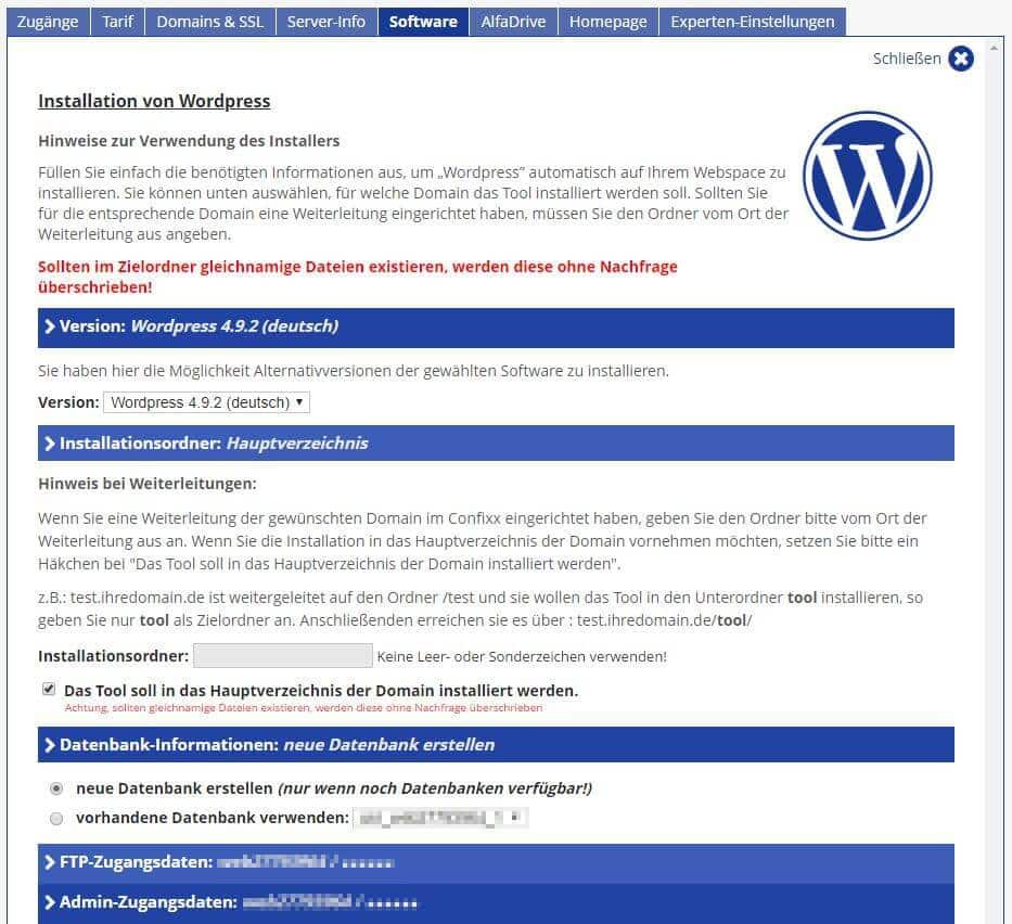 Alfahosting - Software - Blogs - WordPress - Installation von WordPress - Teil 1