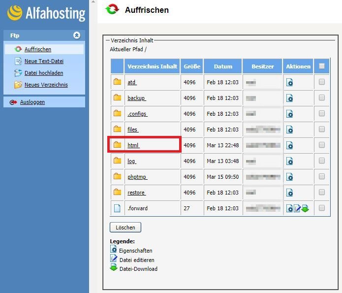 Alfahosting - FTP - Verzeichnis