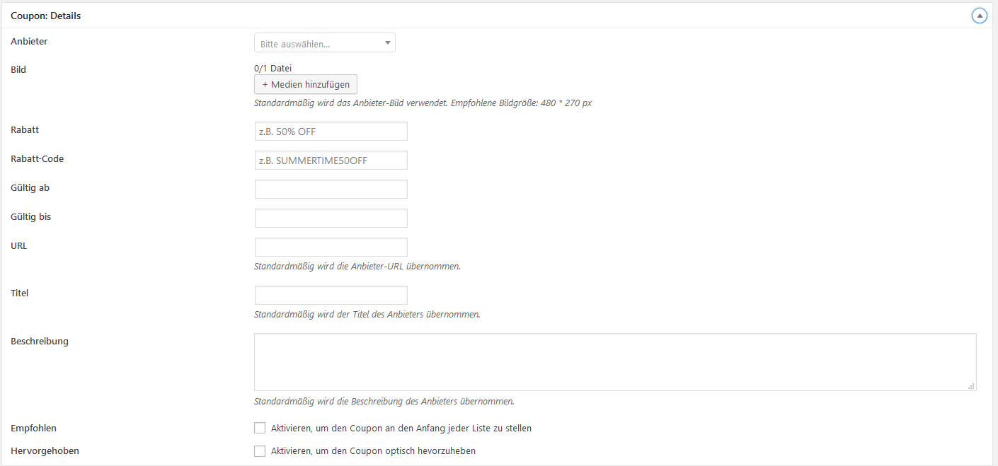 WP Affiliate Coupons Plugin coupons-hinzufügen