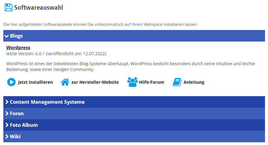 Alfahosting 1-Klick Software Installation