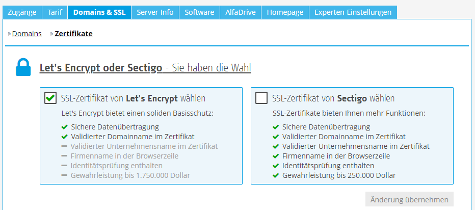 Alfahosting SSL Zertifikate